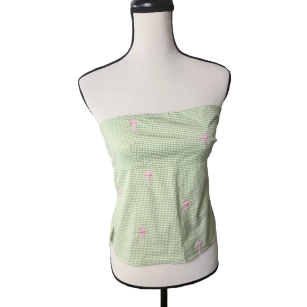 J Crew size 4 bandeau top green gingham pink flamingo embroidery
